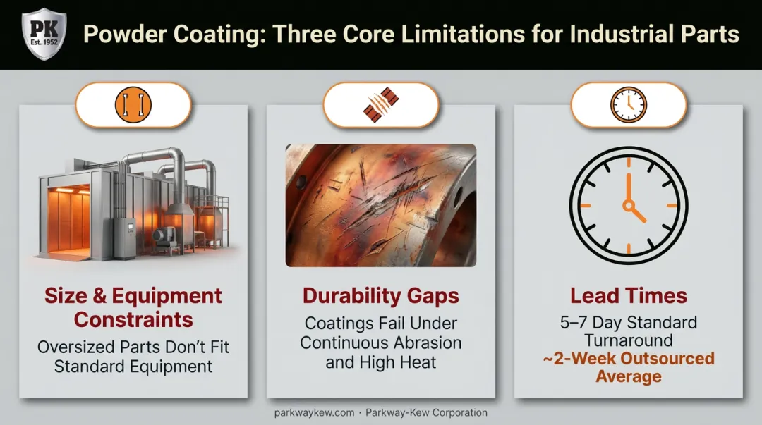 Three key powder coating limitations for industrial parts infographic