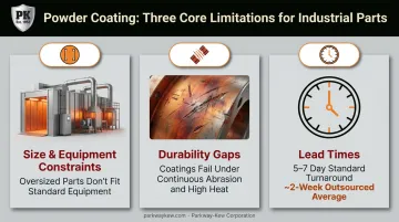 Three key powder coating limitations for industrial parts infographic
