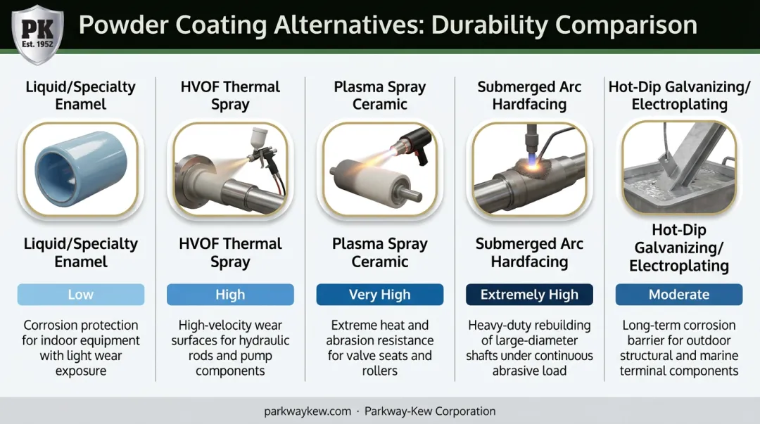 Comparison of five powder coating alternatives by durability and application method