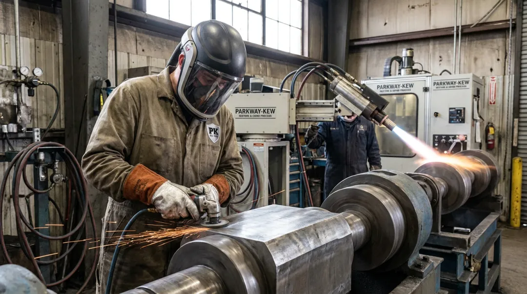 Parkway-Kew technician applying HVOF coating to a wire drawing block