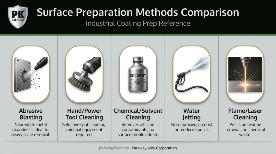 Five surface preparation methods comparison chart with icons and use cases