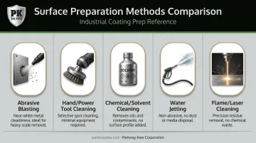 Five surface preparation methods comparison chart with icons and use cases