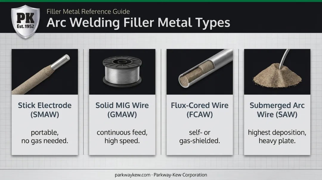Comparison of SMAW GMAW FCAW and SAW filler metal delivery formats