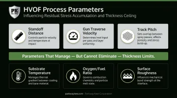 Six HVOF spray process parameters controlling residual stress and coating thickness limits