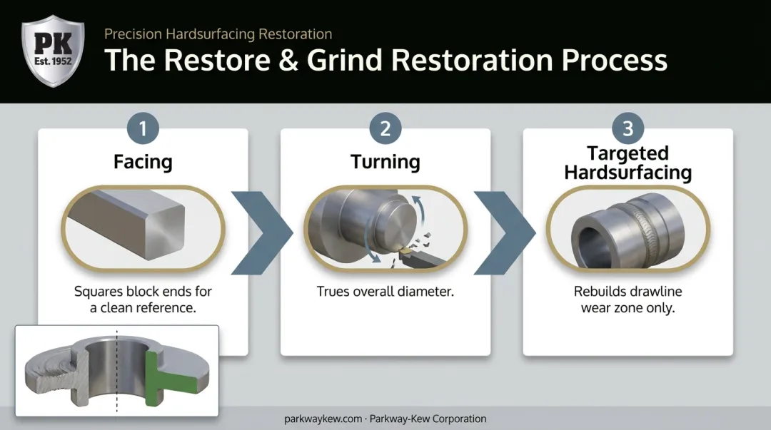 3-step Restore and Grind process for wire drawing blocks facing turning hardsurfacing