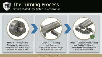 3-step turning process from workpiece mounting to final measurement