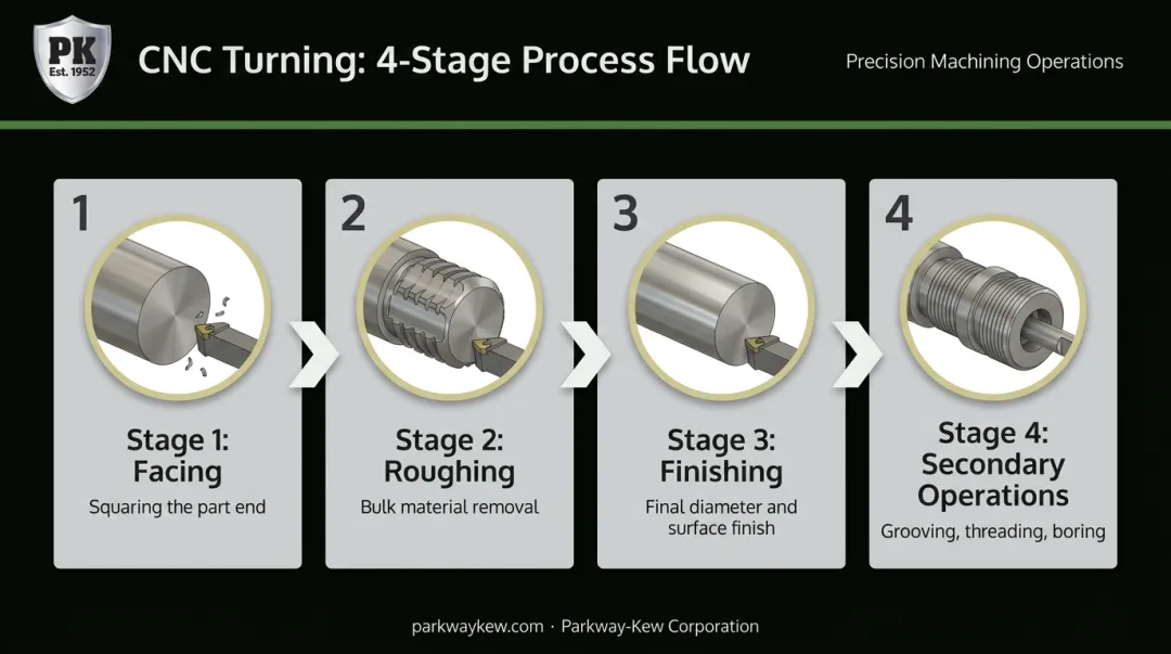 Four-stage CNC turning process flow from facing to secondary operations