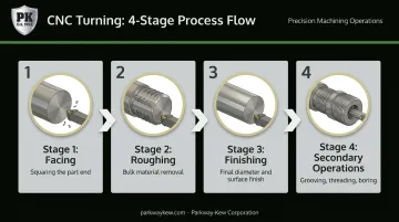 Four-stage CNC turning process flow from facing to secondary operations