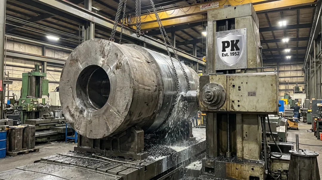 Large-diameter centrifugal casting being machined on industrial equipment