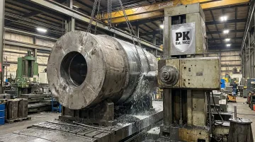 Large-diameter centrifugal casting being machined on industrial equipment