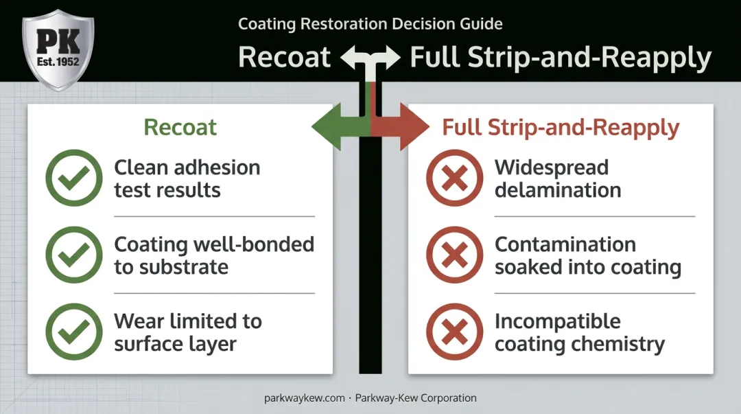 Recoat versus full strip-and-reapply decision criteria comparison chart