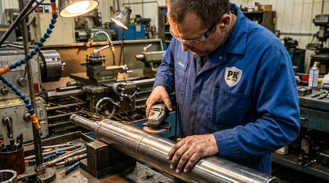 Technician manually grinding fracking plunger to precise concentricity tolerance