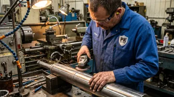 Technician manually grinding fracking plunger to precise concentricity tolerance