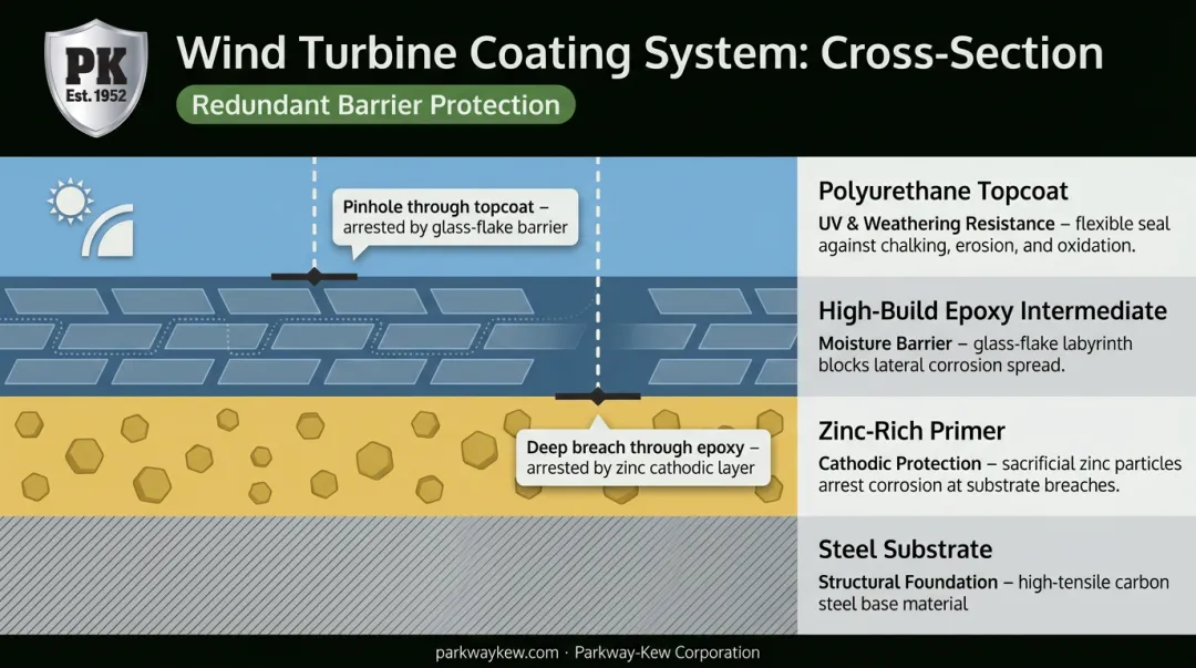 Multi-layer wind turbine coating system stack cross-section showing redundant protection layers