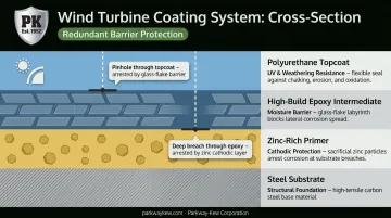 Multi-layer wind turbine coating system stack cross-section showing redundant protection layers