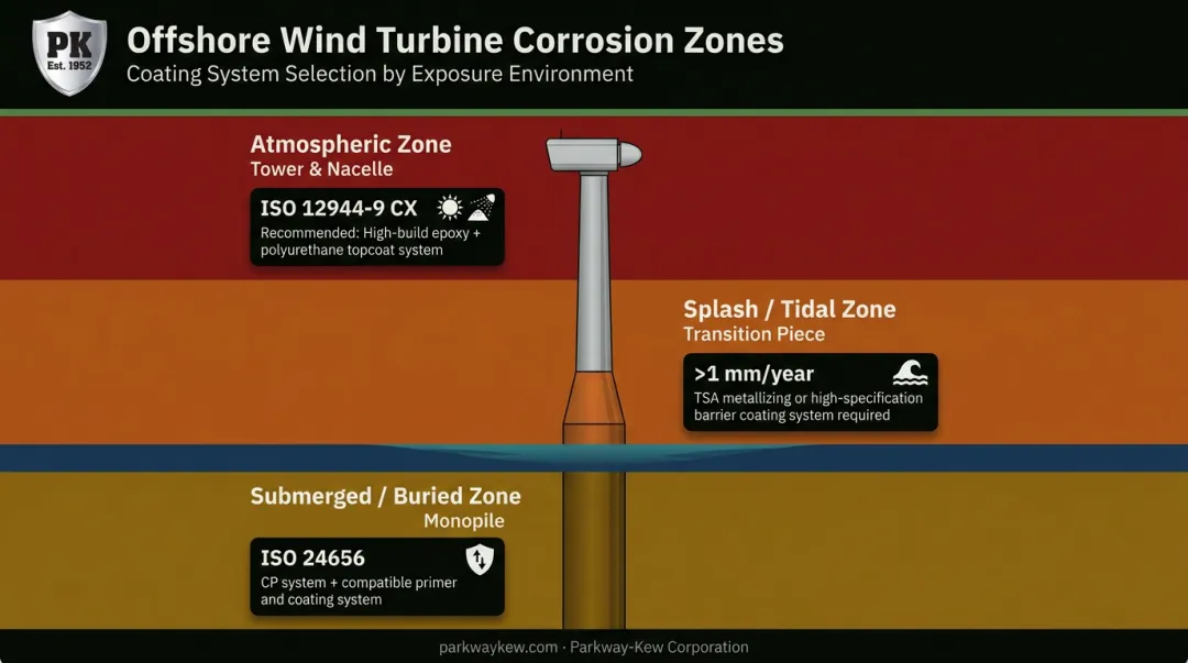 Offshore wind turbine three corrosion zones atmospheric splash submerged specifications diagram