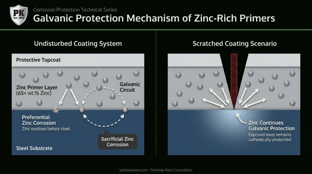 Zinc-rich primer galvanic sacrificial protection mechanism diagram showing electrochemical process