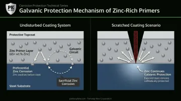 Zinc-rich primer galvanic sacrificial protection mechanism diagram showing electrochemical process