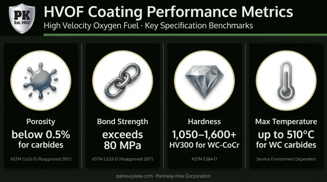 HVOF coating properties comparison showing porosity bond strength and hardness metrics