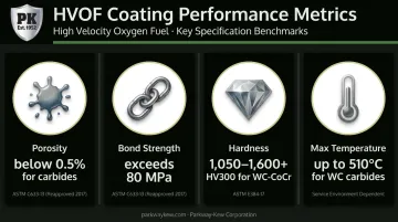 HVOF coating properties comparison showing porosity bond strength and hardness metrics