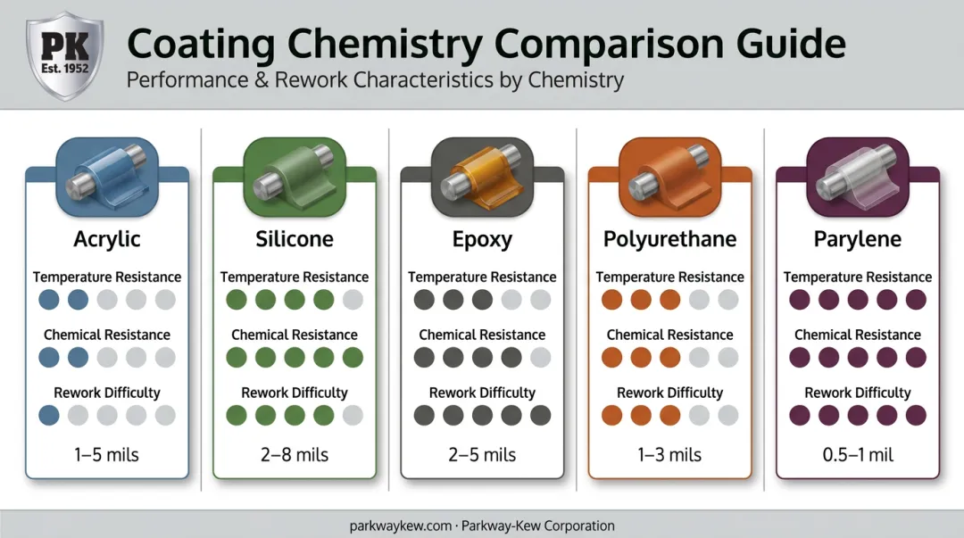 Comparison infographic of five conformal coating chemistries and their key properties
