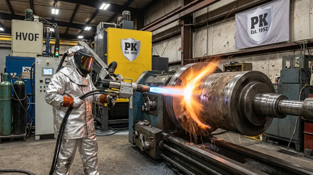 Parkway-Kew technician applying HVOF thermal spray coating to industrial part