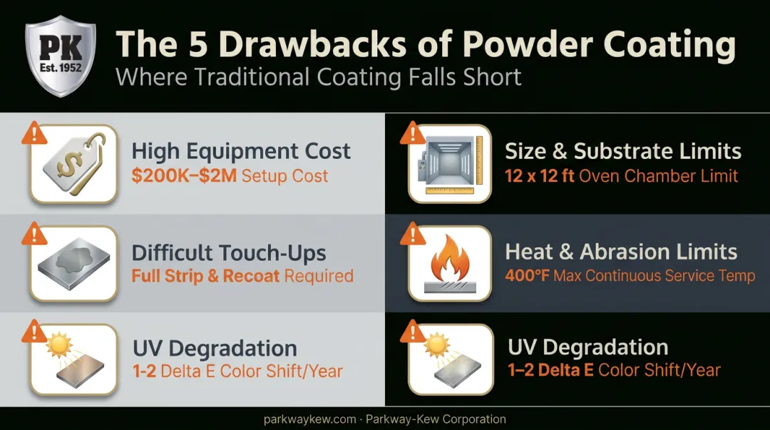 Five drawbacks of powder coating showing cost size and wear limitations