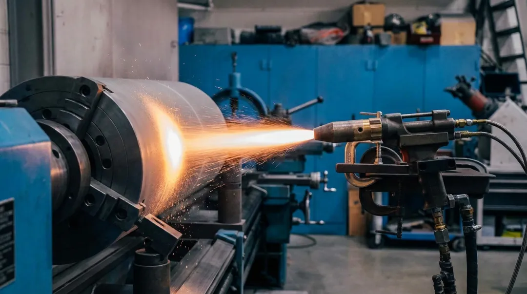 Atmospheric plasma spray system depositing ceramic coating onto industrial metal component