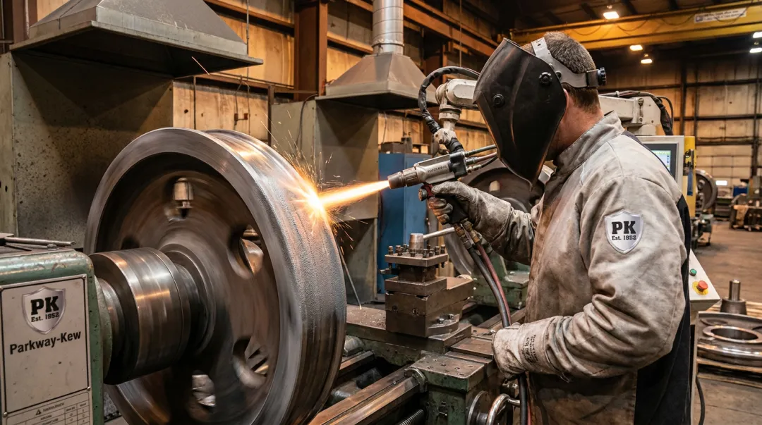 Parkway-Kew technician applying HVOF thermal spray coating to industrial wheel