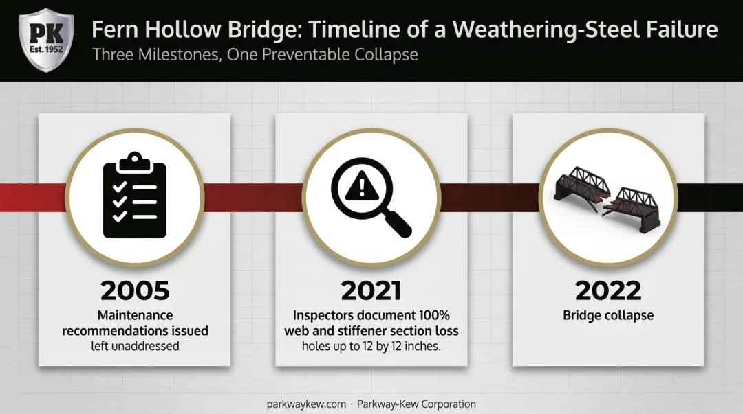 Fern Hollow Bridge weathering steel failure timeline from 2005 to 2022