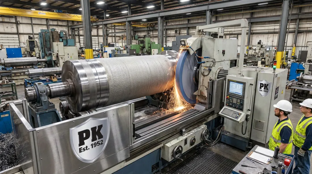 Large-diameter grinding operation on thermally sprayed industrial component in machine shop