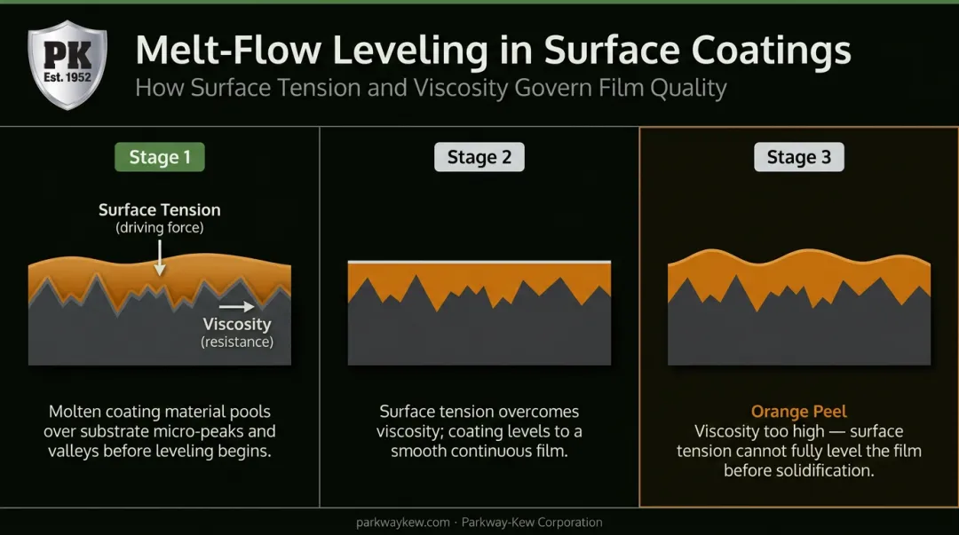 Melt and flow coating leveling process showing surface tension viscosity and smoothing mechanism