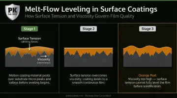 Melt and flow coating leveling process showing surface tension viscosity and smoothing mechanism