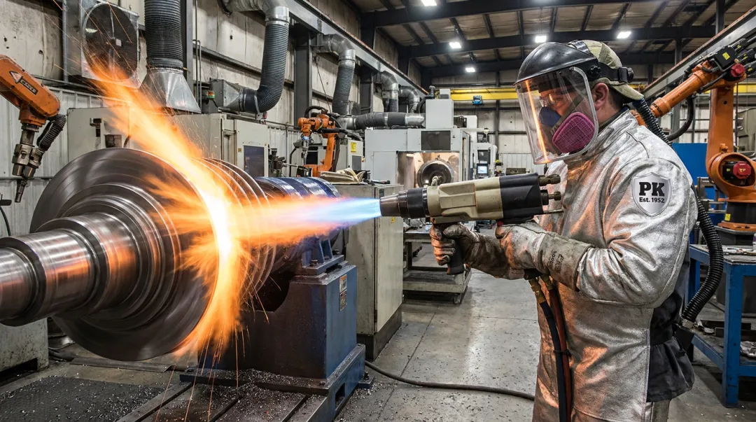 Parkway-Kew technician applying HVOF thermal spray coating on component