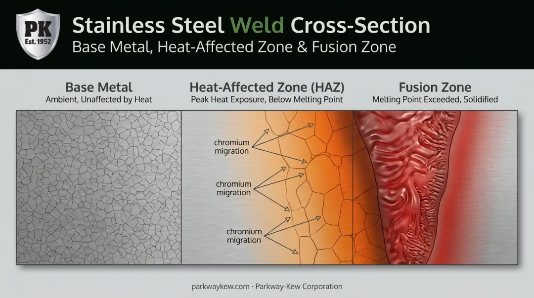 Three zones of stainless steel welded joint cross-section diagram
