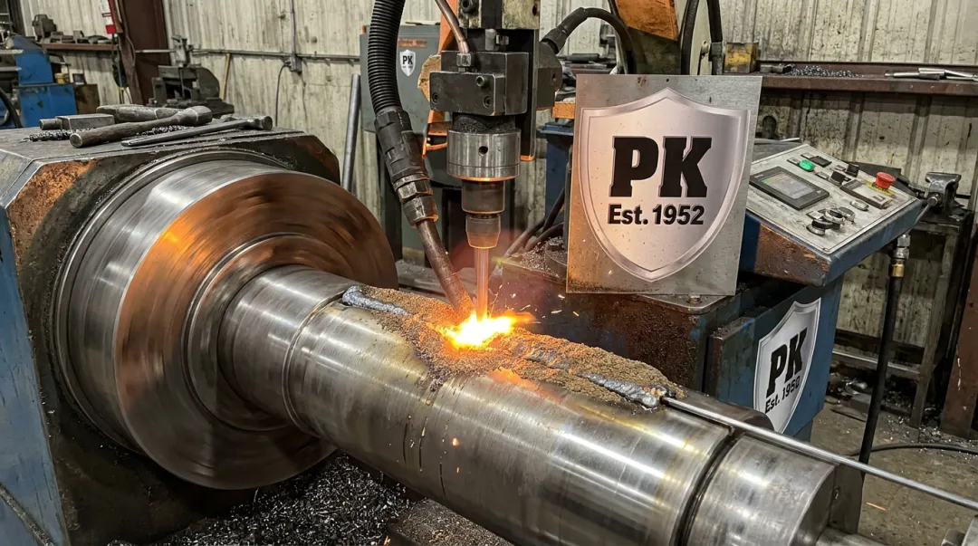 Submerged arc welding head depositing hardsurfacing alloy on wire drawing block