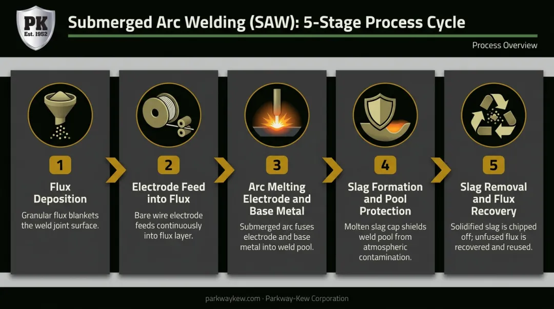 5-step submerged arc welding process cycle from flux deposit to recovery