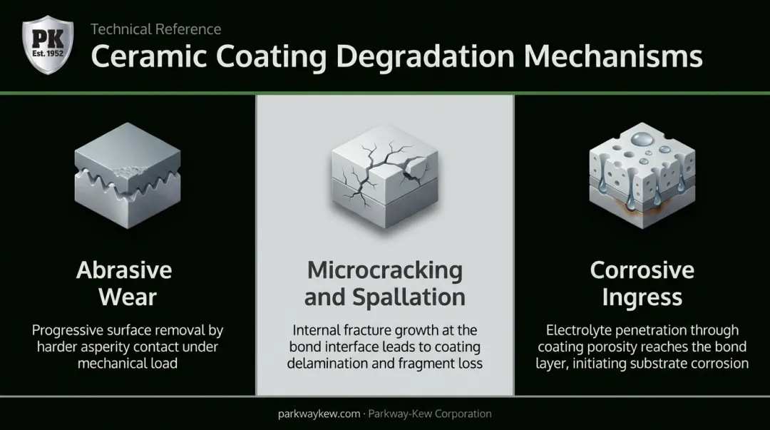 Three primary ceramic coating wear mechanisms abrasive microcracking and corrosive ingress