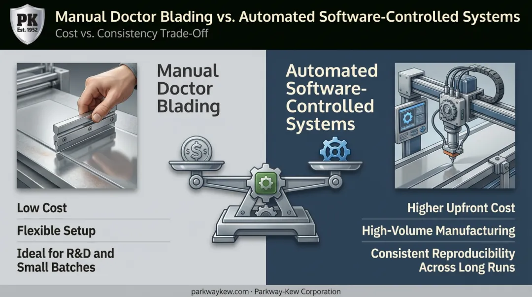 Manual versus automated blade coating systems trade-off comparison chart