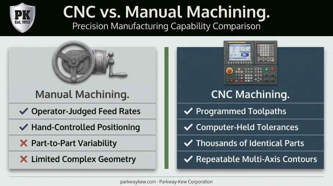 CNC versus manual machining key differences comparison infographic
