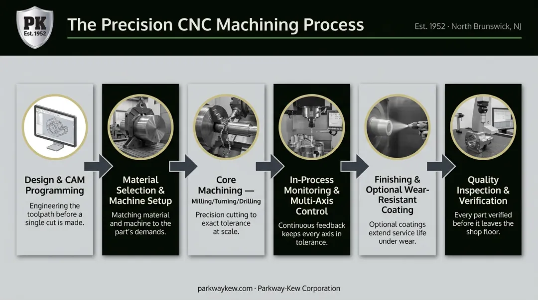 6-step precision CNC machining process from design to inspection