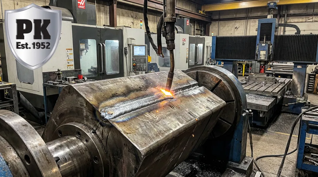 Submerged arc welding hardsurfacing rebuild of large wire drawing block component