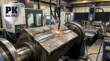 Submerged arc welding hardsurfacing rebuild of large wire drawing block component