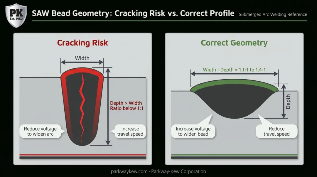 SAW weld bead width-to-depth ratio comparison showing correct versus cracking-prone geometry