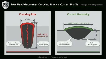 SAW weld bead width-to-depth ratio comparison showing correct versus cracking-prone geometry