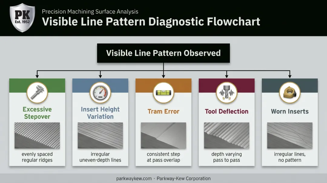 Diagnostic flowchart matching face milling line causes to visible symptoms