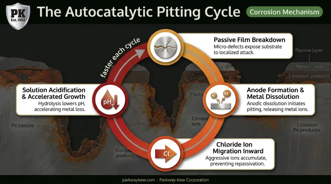 Autocatalytic pitting corrosion formation cycle from film breakdown to pit growth