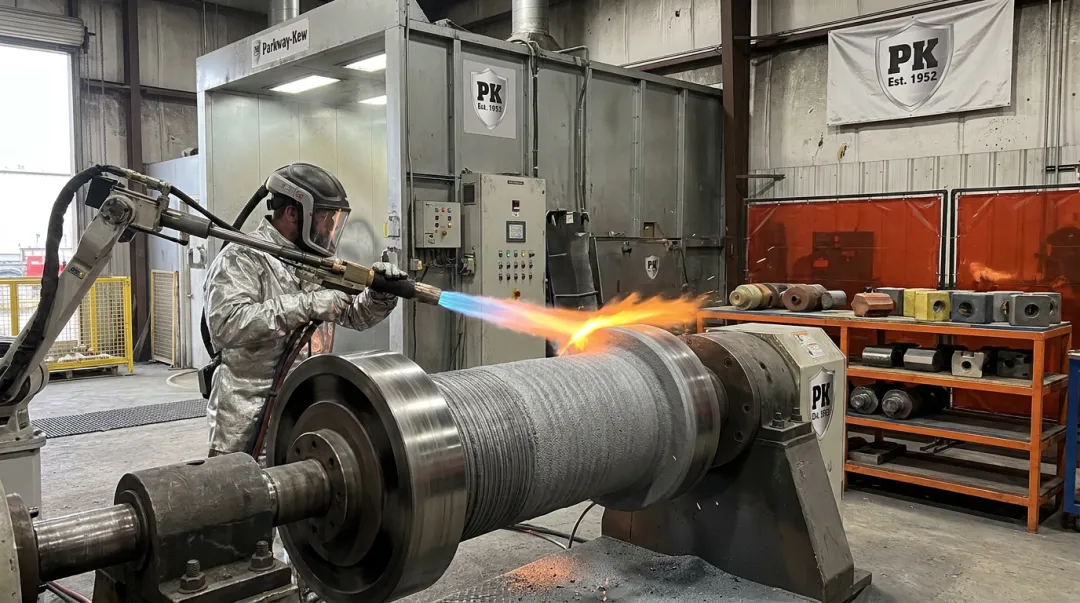 Parkway-Kew technician applying HVOF thermal spray coating to wire drawing block
