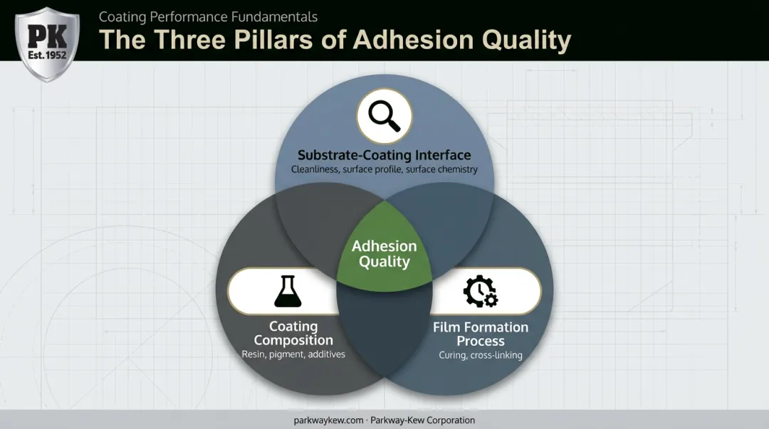 Three interacting factors governing coating adhesion quality diagram