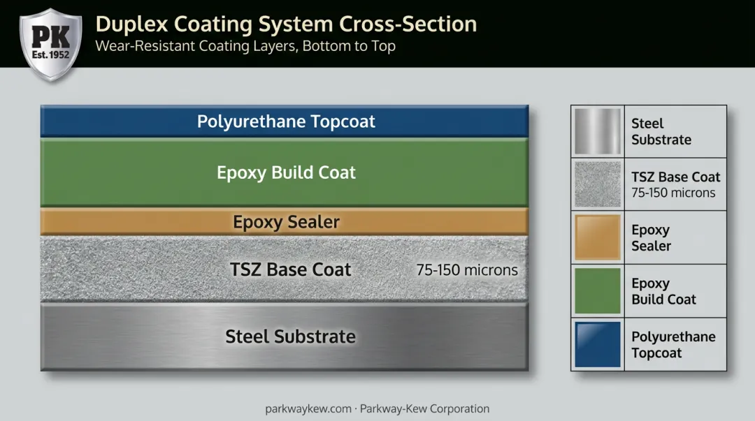 Duplex coating system layered cross-section from zinc base to polyurethane topcoat